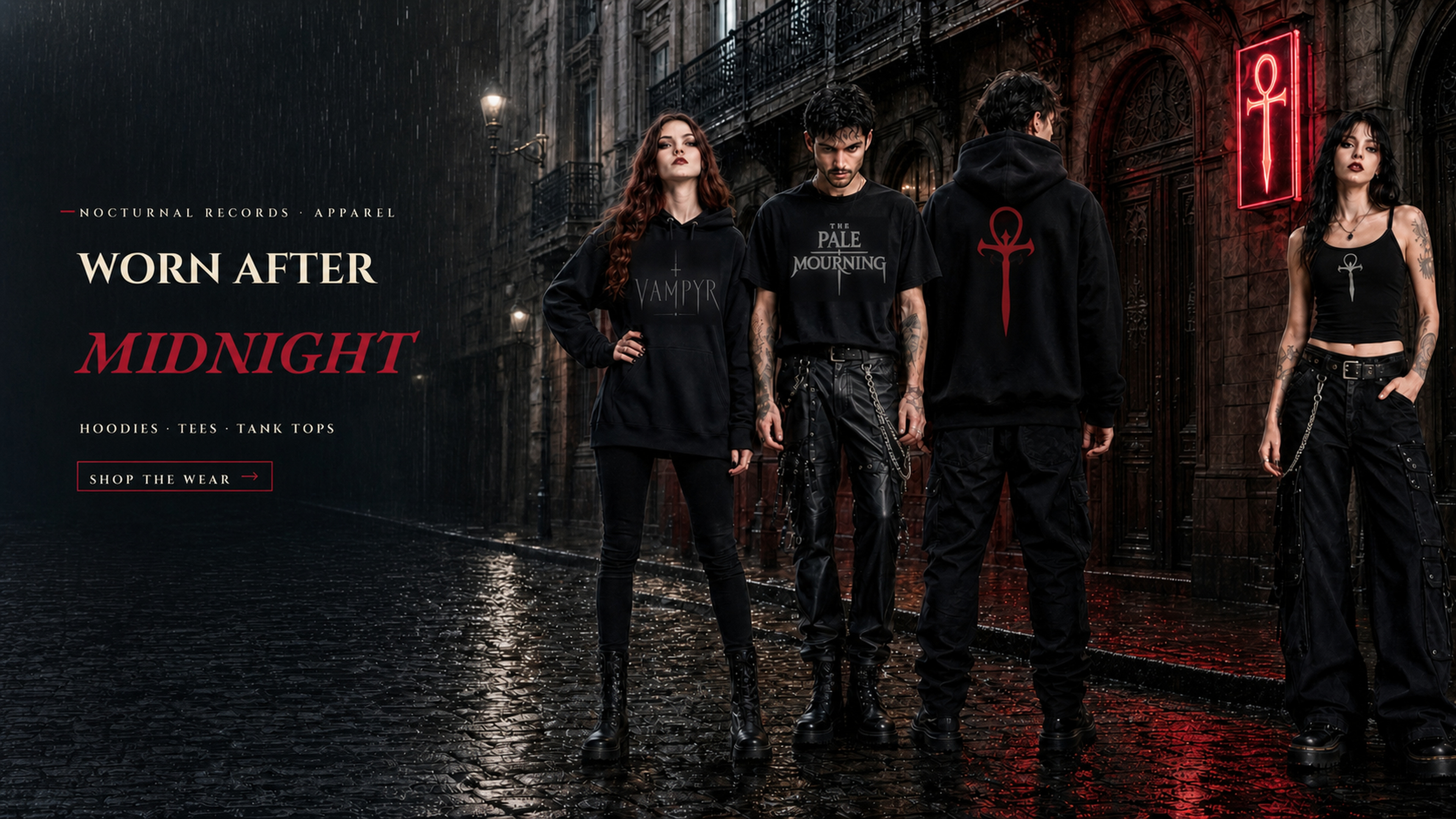 Nocturnal Records gothic merch campaign with four models wearing Vampyr, Pale Mourning and Nocturnal apparel in a rainy neon alley